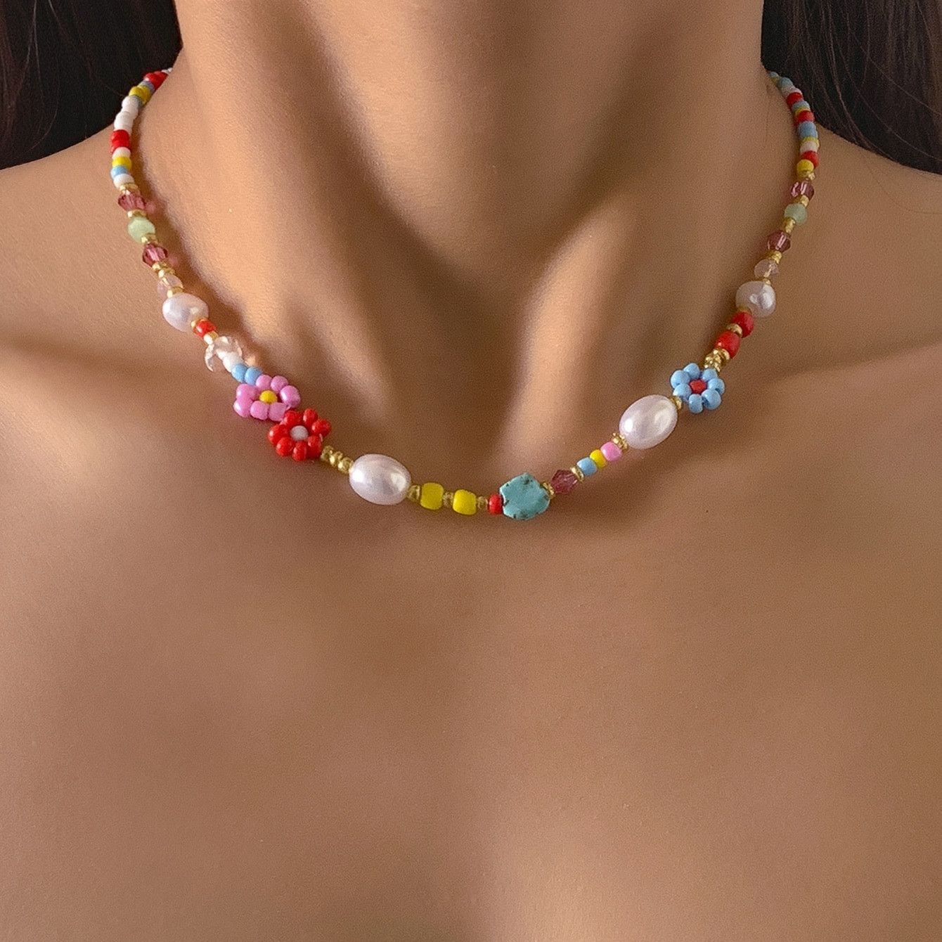 Flower Decor Beaded Necklace Handmade Colorful Vintage Clavicle Chain Rainbow Seed Beads Imitation Pearl Necklace