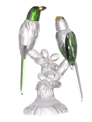 9 Inch 2 Parrots Sculpture Figurine Accent, Clear and Green Faceted Glass