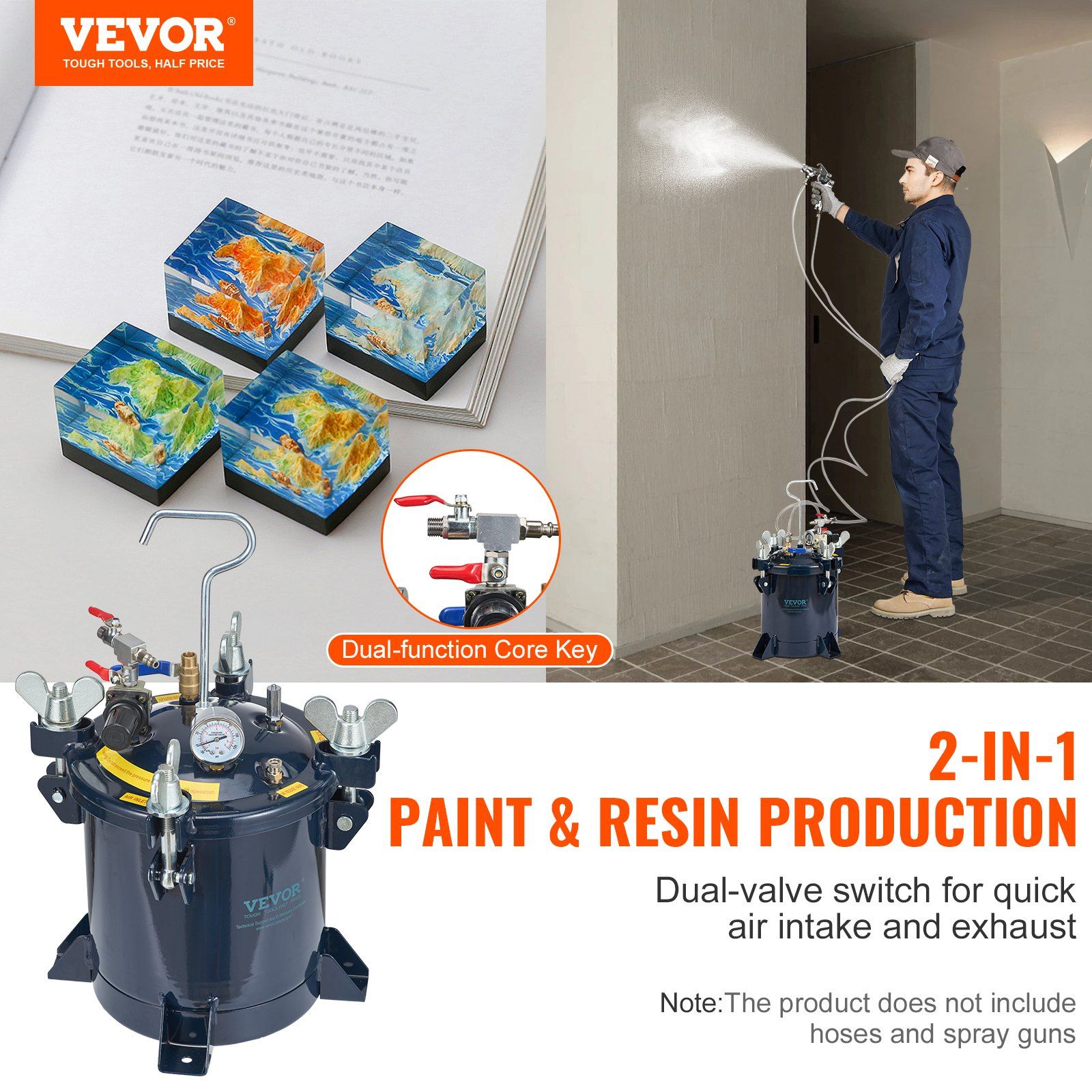 VEVOR 10L/2.5gal Spray Paint Pressure Pot Tank, 70PSI Max Air Paint Pressure Pot, Metal Rack and Leak Repair Sealant for Industry Home Decor Architecture Construction Automotive Painting