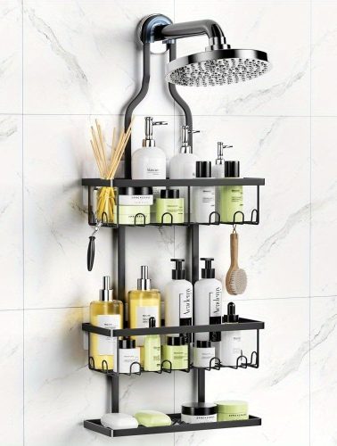 Hanging Shower Caddy Over Shower Head Organizer with Hooks and Adhesives, Anti-Swing Over the Shower Head Caddy Black, Rustproof